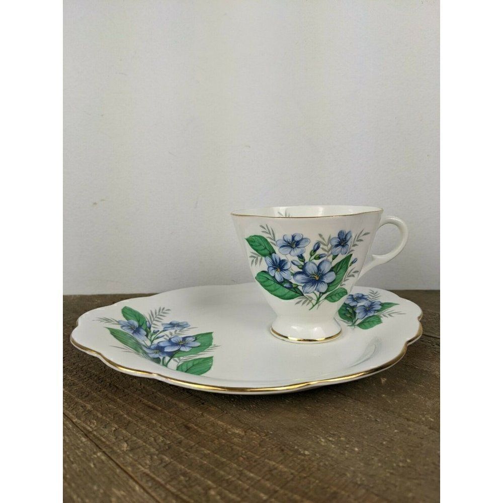 Windsor Bone Chine Tea cup and saucer, snack plate Blue flowers gold rim